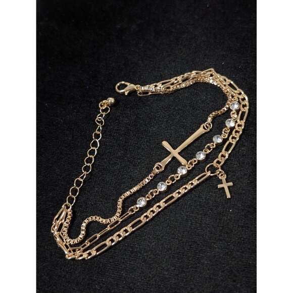 Gold Tone Rhinestone Cross Triple Chain Tennis Bracelet 8-9" - Picture 3 of 6
